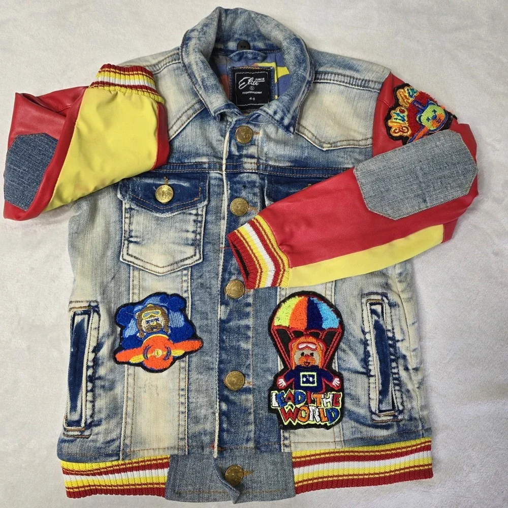 Junior Elite Premium Denim‎ Jacket Size Child 4-5 Flight Plane Patches Parachute